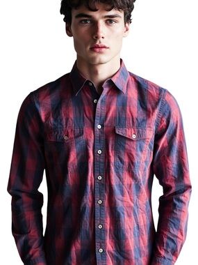 PINK Thomas Pink Buffalo Plaid Red Blue Long Sleeve Casual Cotton Dress Shirt